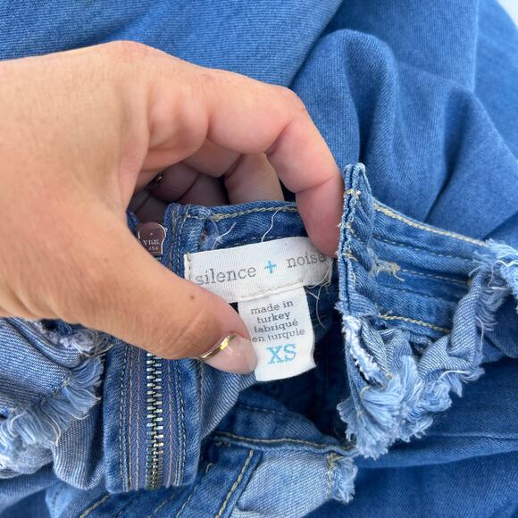 Silence + Noise Denim Jean Apron Midi Dress Fringe Boho Cottagecore XS Cotton - Picture 3 of 10